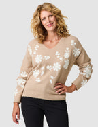 Pull col V broderie beige - image 1