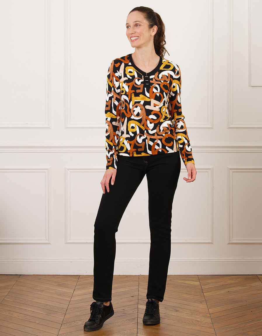 T-shirt noir motif marron - image 3