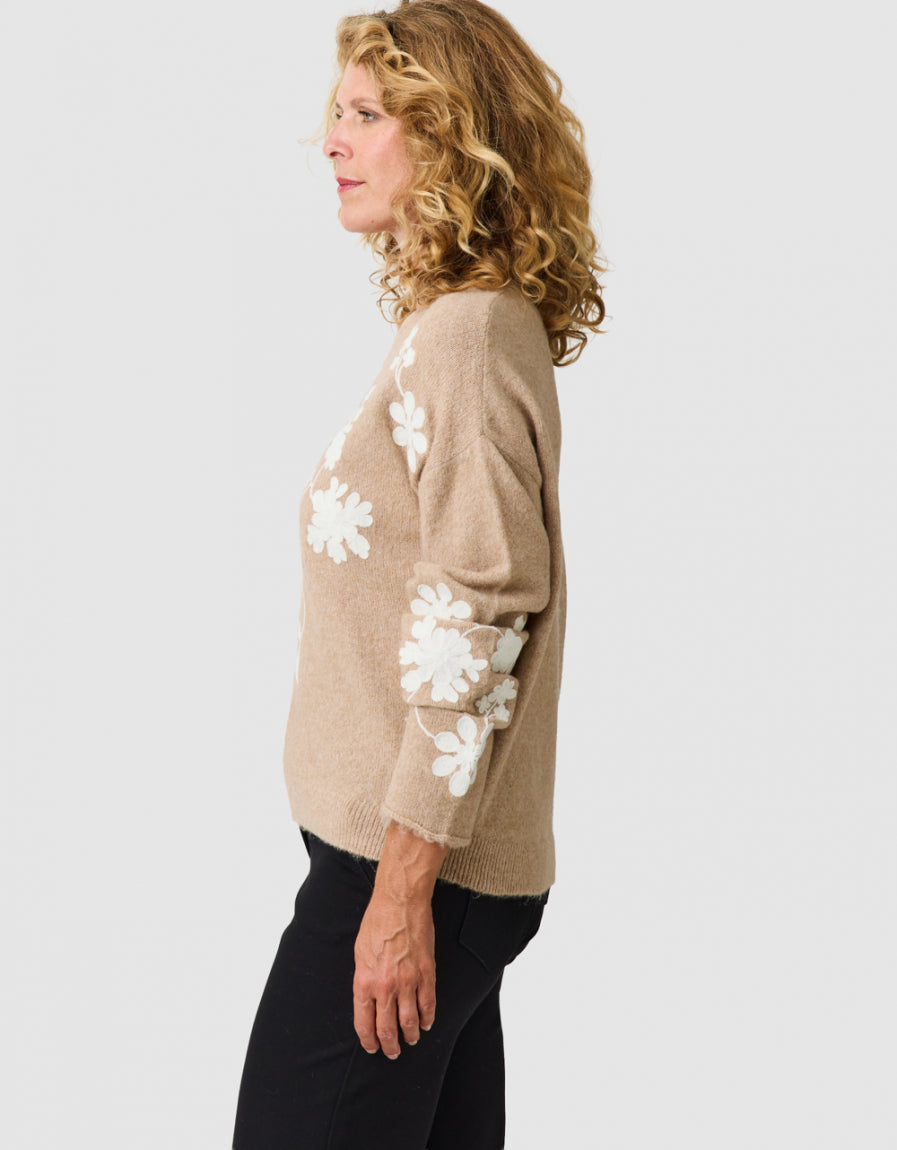 Pull col V broderie beige - image 4